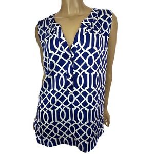 Hanna & Gracie XL Sleeveless Blue & White Blouse Pullover V-Neck Polyester Blend